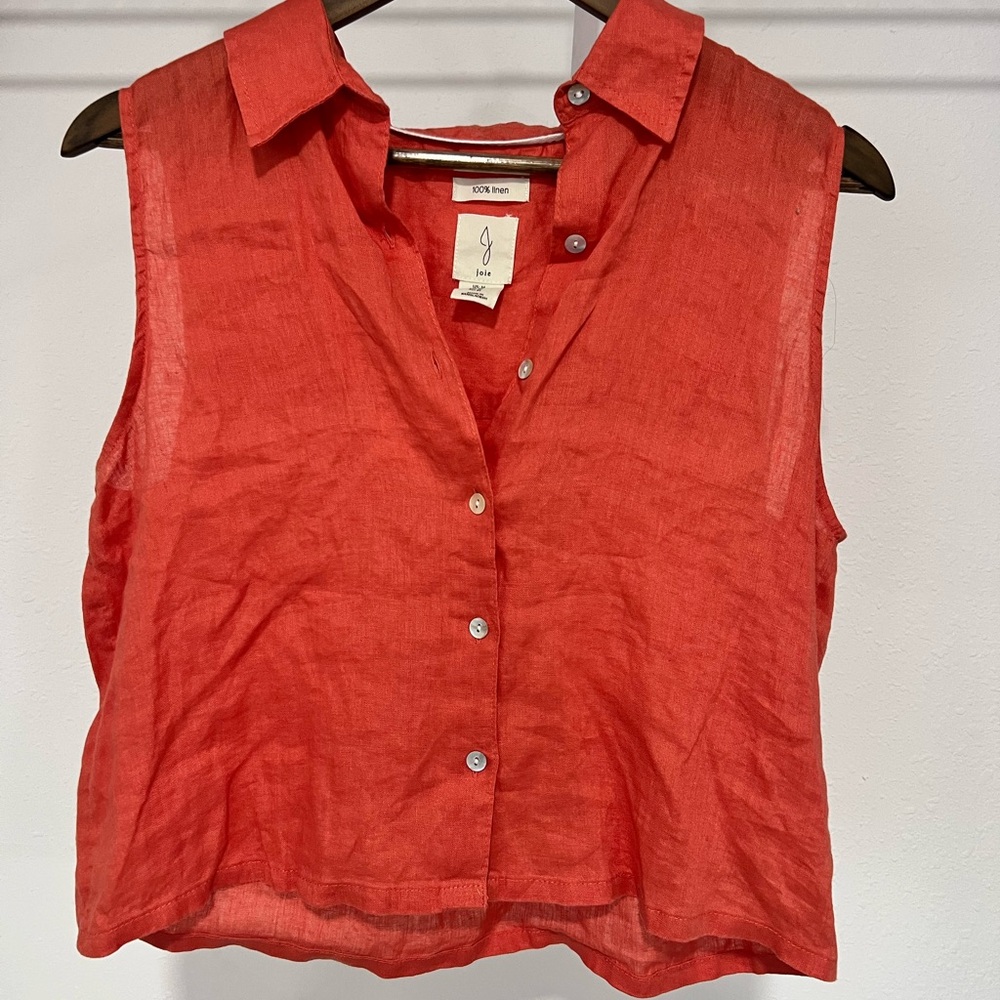 Joie Linen Blend Sleeveless Button Front Blouse Coral Orange Size M